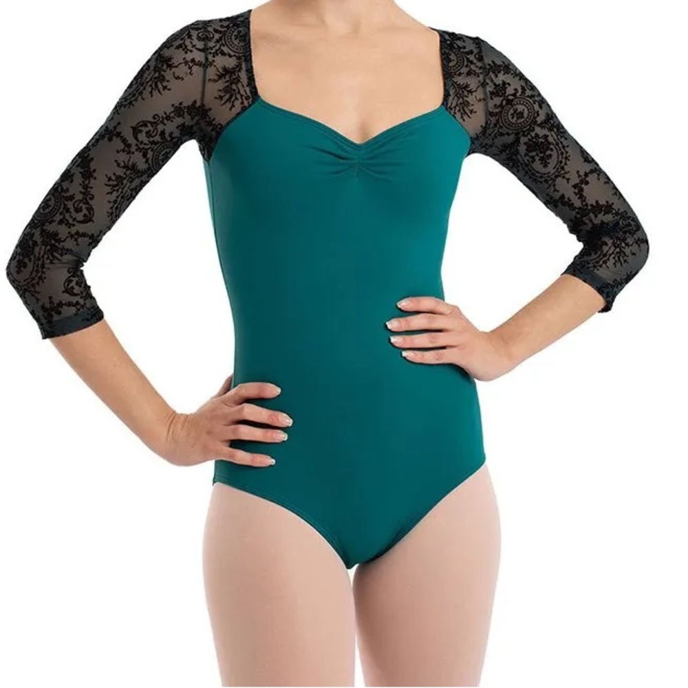 Intermezzo Elegant Dark Teal and Black Lace Sleeve Bodysuit